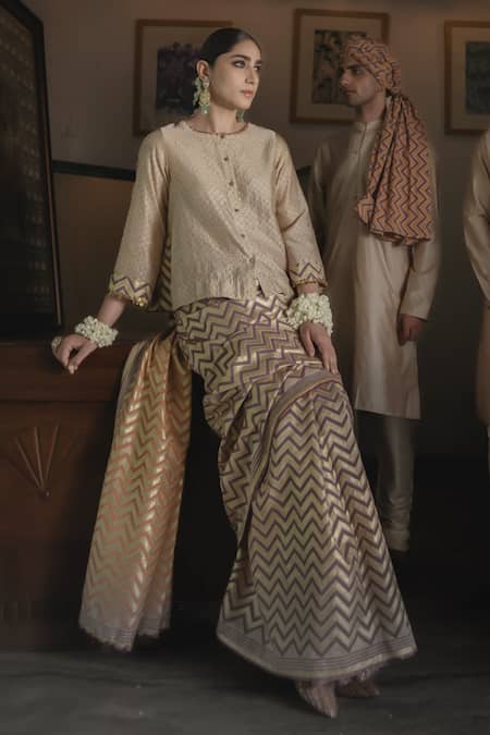 Buy_Swatti Kapoor_Gold Hand Woven Chanderi 60gm Print Foil Round Jind Top _Online_at_Aza_Fashions