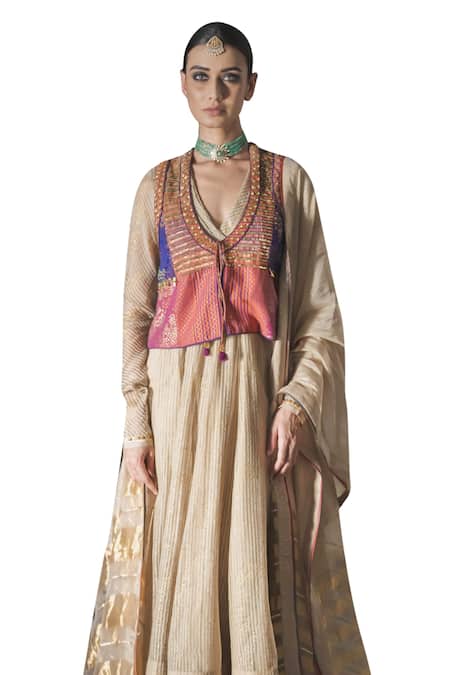 Shop Swatti Kapoor Purple Handwoven Yarn Dyed Silk Print Foil Hand Block Kushan Gilet Online at Aza Fashions Shop_Swatti Kapoor_Purple Handwoven Yarn Dyed Silk Print Foil Hand Block Kushan Gilet _Online_at_Aza_Fashions