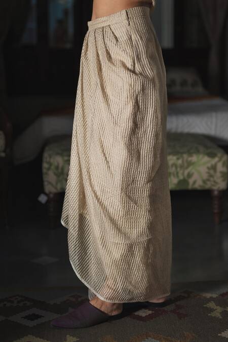 Swatti Kapoor Gold Woven Silk Organza Print Foil Stripped Draped Nari Skirt Online at Aza Fashions Swatti Kapoor_Gold Woven Silk Organza Print Foil Stripped Draped Nari Skirt _Online_at_Aza_Fashions