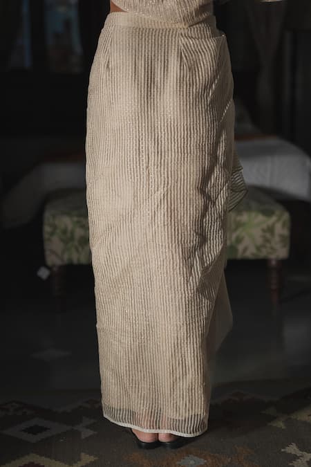 Buy Swatti Kapoor Gold Woven Silk Organza Print Foil Stripped Draped Nari Skirt Online at Aza Fashions Buy_Swatti Kapoor_Gold Woven Silk Organza Print Foil Stripped Draped Nari Skirt _Online_at_Aza_Fashions