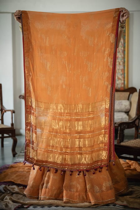 Buy_Swatti Kapoor_Orange Chanderi Beads Hand Woven Nuhal Dupatta _Online_at_Aza_Fashions
