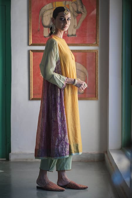 Shop_Swatti Kapoor_Multi Color Kurta Hand Woven 40gm Chanderi Printed Foil Round A-line Ranjha _Online_at_Aza_Fashions