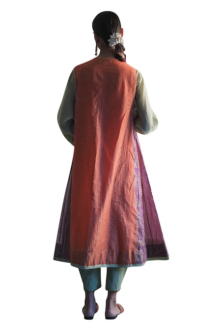 Swatti Kapoor_Multi Color Kurta Hand Woven 40gm Chanderi Printed Foil Round A-line Ranjha _at_Aza_Fashions