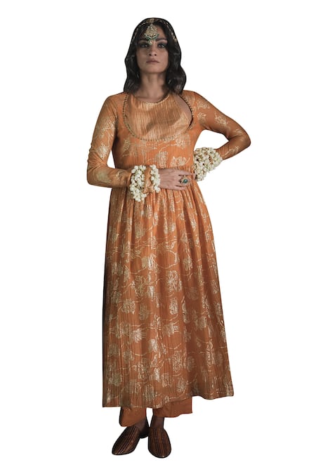 Swatti Kapoor Orange Hand Woven 40gm Chanderi Printed Foil Round Block Rewa Anarkali Online at Aza Fashions Swatti Kapoor_Orange Hand Woven 40gm Chanderi Printed Foil Round Block Rewa Anarkali _Online_at_Aza_Fashions