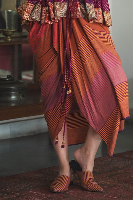 Shop Swatti Kapoor Multi Color , Handloom Strip Print Draped Rita Skirt Online at Aza Fashions Shop_Swatti Kapoor_Multi Color , Handloom Strip Print Draped Rita Skirt _Online_at_Aza_Fashions