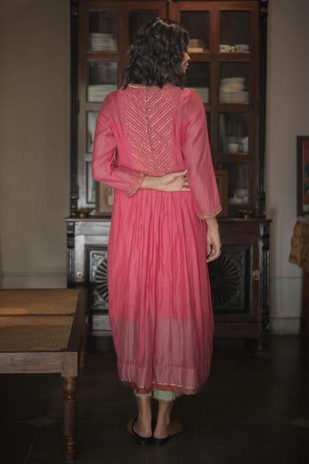 Shop Swatti Kapoor Pink Chanderi, Cotton Sequins, Hand Woven Geometric Pattern Simrat Anarkali at Aza Fashions Shop_Swatti Kapoor_Pink Chanderi, Cotton Sequins, Hand Woven Geometric Pattern Simrat Anarkali _at_Aza_Fashions