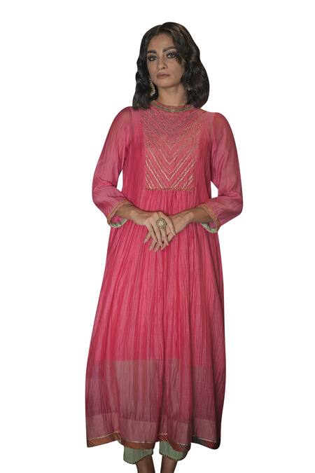 Swatti Kapoor Pink Chanderi, Cotton Sequins, Hand Woven Geometric Pattern Simrat Anarkali Online at Aza Fashions Swatti Kapoor_Pink Chanderi, Cotton Sequins, Hand Woven Geometric Pattern Simrat Anarkali _Online_at_Aza_Fashions