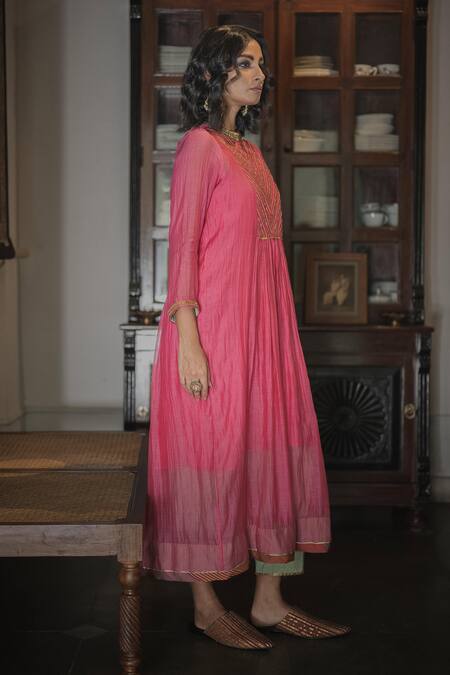 Shop Swatti Kapoor Pink Chanderi, Cotton Sequins, Hand Woven Geometric Pattern Simrat Anarkali Online at Aza Fashions Shop_Swatti Kapoor_Pink Chanderi, Cotton Sequins, Hand Woven Geometric Pattern Simrat Anarkali _Online_at_Aza_Fashions