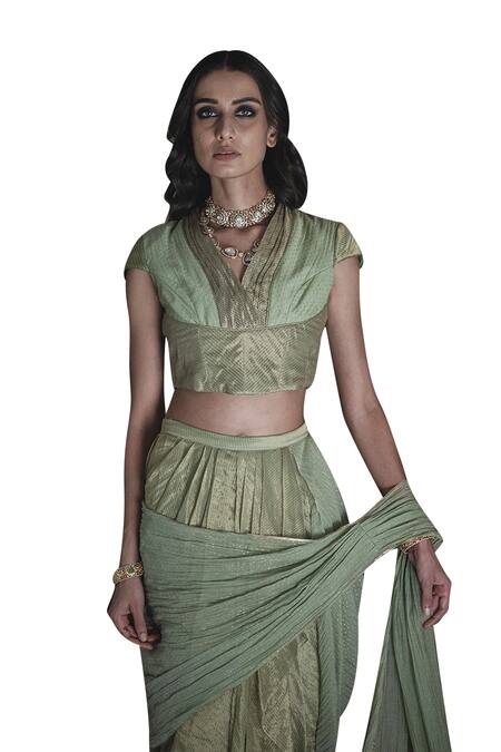 Swatti Kapoor Green Hand Woven 40gm Chanderi Printed Stripe Shawl Collar Soma Saree Blouse Online at Aza Fashions Swatti Kapoor_Green Hand Woven 40gm Chanderi Printed Stripe Shawl Collar Soma Saree Blouse _Online_at_Aza_Fashions
