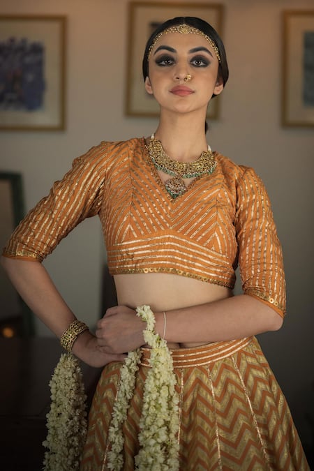 Buy Swatti Kapoor Orange Handwoven 60gm Chanderi Embroidered Gota V Neck Anand Hand Saree Blouse Online at Aza Fashions Buy_Swatti Kapoor_Orange Handwoven 60gm Chanderi Embroidered Gota V Neck Anand Hand Saree Blouse _Online_at_Aza_Fashions