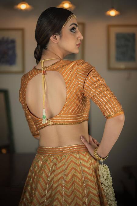 Shop Swatti Kapoor Orange Handwoven 60gm Chanderi Embroidered Gota V Neck Anand Hand Saree Blouse Shop_Swatti Kapoor_Orange Handwoven 60gm Chanderi Embroidered Gota V Neck Anand Hand Saree Blouse