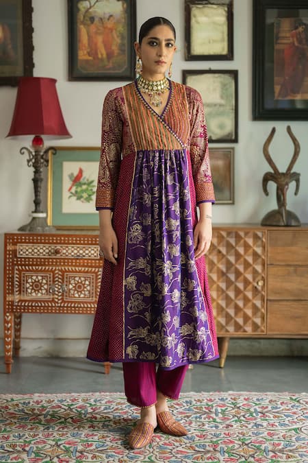 Swatti Kapoor Multi Color Handwoven Yarn Dyed Silk Foil Baani Panelled Embroidered Kurta 