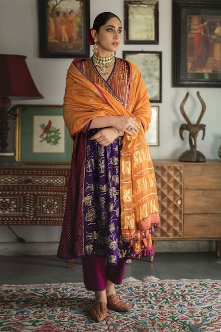 Swatti Kapoor Multi Color Handwoven Yarn Dyed Silk Foil Baani Panelled Embroidered Kurta Online at Aza Fashions Swatti Kapoor_Multi Color Handwoven Yarn Dyed Silk Foil Baani Panelled Embroidered Kurta _Online_at_Aza_Fashions