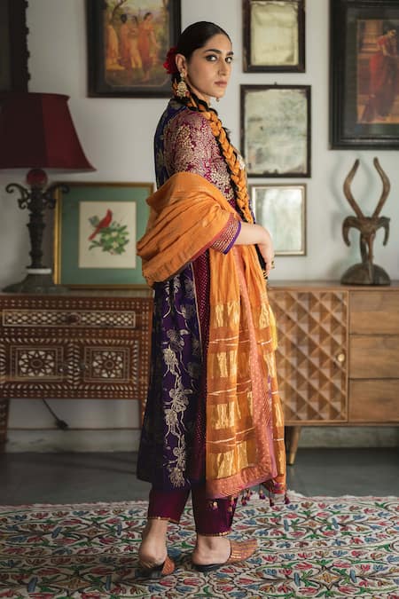 Shop Swatti Kapoor Multi Color Handwoven Yarn Dyed Silk Foil Baani Panelled Embroidered Kurta Shop_Swatti Kapoor_Multi Color Handwoven Yarn Dyed Silk Foil Baani Panelled Embroidered Kurta