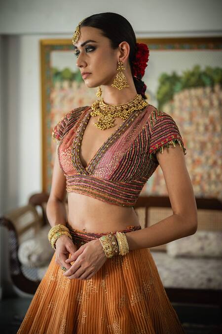 Swatti Kapoor_Multi Color , Handloom Beads Plunge Chand Handwoven Beadwork Blouse _at_Aza_Fashions