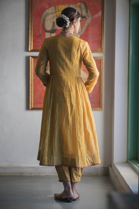 Shop Swatti Kapoor Yellow Kurta Handwoven 40gm Disha Handblock Beadwork Anarkali With Slip at Aza Fashions Shop_Swatti Kapoor_Yellow Kurta Handwoven 40gm Disha Handblock Beadwork Anarkali With Slip _at_Aza_Fashions