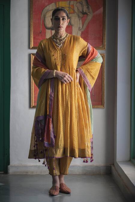 Swatti Kapoor Yellow Kurta Handwoven 40gm Disha Handblock Beadwork Anarkali With Slip Online at Aza Fashions Swatti Kapoor_Yellow Kurta Handwoven 40gm Disha Handblock Beadwork Anarkali With Slip _Online_at_Aza_Fashions
