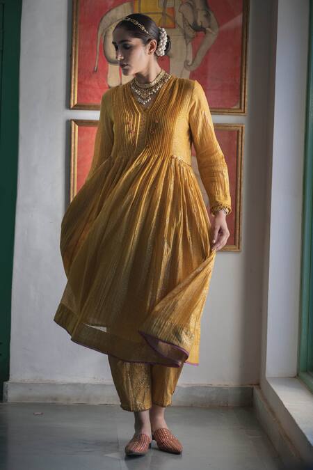 Buy Swatti Kapoor Yellow Kurta Handwoven 40gm Disha Handblock Beadwork Anarkali With Slip Online at Aza Fashions Buy_Swatti Kapoor_Yellow Kurta Handwoven 40gm Disha Handblock Beadwork Anarkali With Slip _Online_at_Aza_Fashions