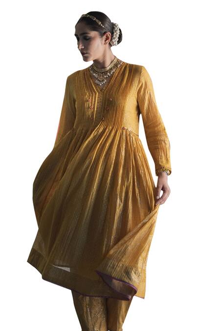 Shop Swatti Kapoor Yellow Kurta Handwoven 40gm Disha Handblock Beadwork Anarkali With Slip Online at Aza Fashions Shop_Swatti Kapoor_Yellow Kurta Handwoven 40gm Disha Handblock Beadwork Anarkali With Slip _Online_at_Aza_Fashions