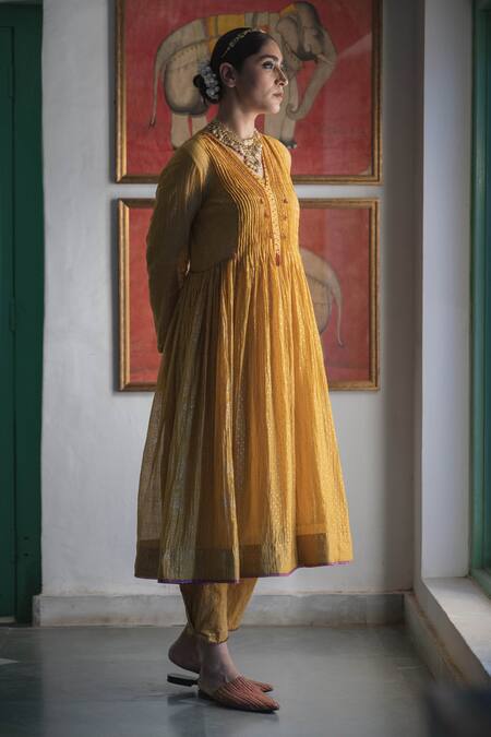 Swatti Kapoor Yellow Kurta Handwoven 40gm Disha Handblock Beadwork Anarkali With Slip at Aza Fashions Swatti Kapoor_Yellow Kurta Handwoven 40gm Disha Handblock Beadwork Anarkali With Slip _at_Aza_Fashions