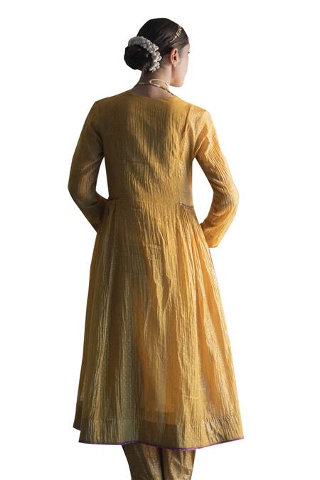 Buy Swatti Kapoor Yellow Kurta Handwoven 40gm Disha Handblock Beadwork Anarkali With Slip Buy_Swatti Kapoor_Yellow Kurta Handwoven 40gm Disha Handblock Beadwork Anarkali With Slip