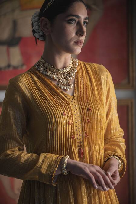 Shop Swatti Kapoor Yellow Kurta Handwoven 40gm Disha Handblock Beadwork Anarkali With Slip Shop_Swatti Kapoor_Yellow Kurta Handwoven 40gm Disha Handblock Beadwork Anarkali With Slip