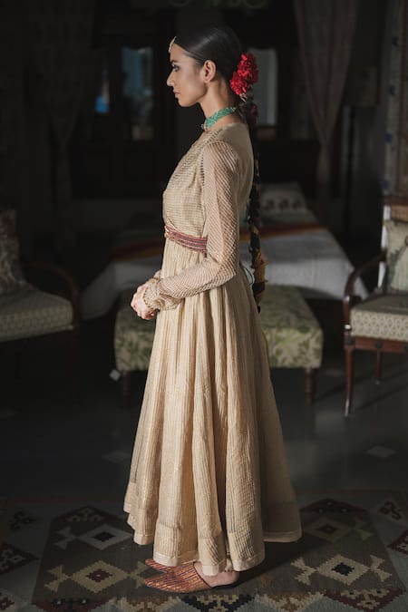 Buy Swatti Kapoor Gold Silk Organza Foil Printed V Neck Ekkam Woven Striped Anarkali Online at Aza Fashions Buy_Swatti Kapoor_Gold Silk Organza Foil Printed V Neck Ekkam Woven Striped Anarkali _Online_at_Aza_Fashions