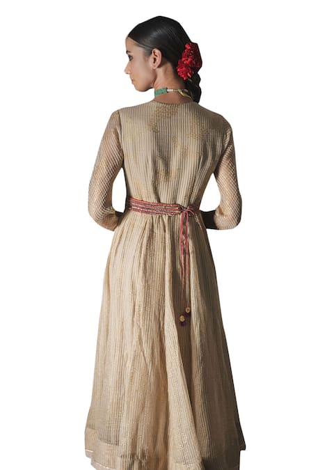 Shop Swatti Kapoor Gold Silk Organza Foil Printed V Neck Ekkam Woven Striped Anarkali Online at Aza Fashions Shop_Swatti Kapoor_Gold Silk Organza Foil Printed V Neck Ekkam Woven Striped Anarkali _Online_at_Aza_Fashions