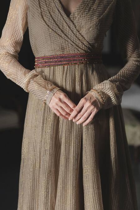 Swatti Kapoor Gold Silk Organza Foil Printed V Neck Ekkam Woven Striped Anarkali at Aza Fashions Swatti Kapoor_Gold Silk Organza Foil Printed V Neck Ekkam Woven Striped Anarkali _at_Aza_Fashions