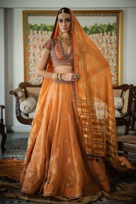 Swatti Kapoor Orange Handowoven Yarn Dyed Silk Foil Printed Farid Zari Striped Lehenga 