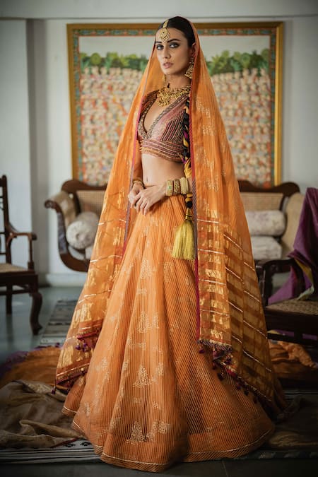 Swatti Kapoor Orange Cotton, Silk Organza Embroidery, Farid Handwoven Zari Striped Lehenga Online at Aza Fashions Swatti Kapoor_Orange Cotton, Silk Organza Embroidery, Farid Handwoven Zari Striped Lehenga _Online_at_Aza_Fashions