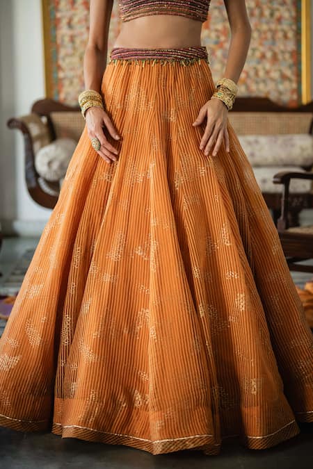 Shop Swatti Kapoor Orange Cotton, Silk Organza Embroidery, Farid Handwoven Zari Striped Lehenga Online at Aza Fashions Shop_Swatti Kapoor_Orange Cotton, Silk Organza Embroidery, Farid Handwoven Zari Striped Lehenga _Online_at_Aza_Fashions