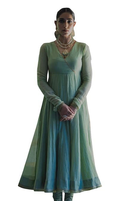 Buy_Swatti Kapoor_Green Chanderi Embroidery, Foil Printing V-neck Gazleen Handwoven Anarkali _Online_at_Aza_Fashions