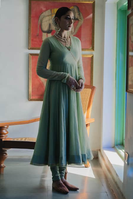 Shop_Swatti Kapoor_Green Chanderi Embroidery, Foil Printing V-neck Gazleen Handwoven Anarkali _Online_at_Aza_Fashions