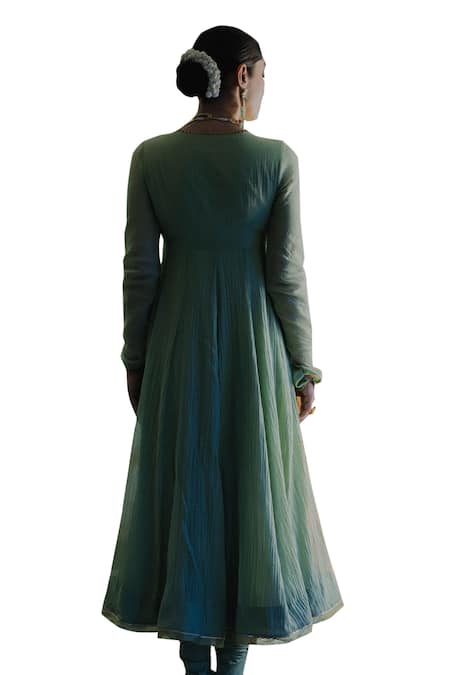 Swatti Kapoor_Green Chanderi Embroidery, Foil Printing V-neck Gazleen Handwoven Anarkali _at_Aza_Fashions