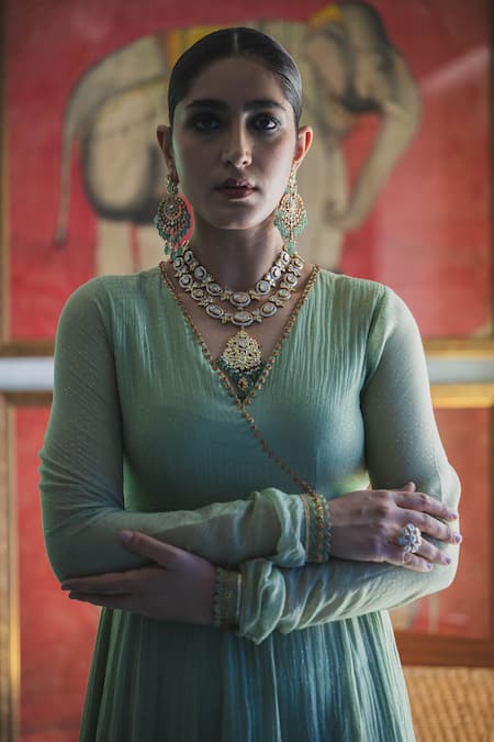 Buy_Swatti Kapoor_Green Chanderi Embroidery, Foil Printing V-neck Gazleen Handwoven Anarkali 