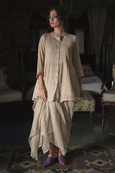 Swatti Kapoor Gold Chanderi Foil Printing Mandarin Collar Gurnoor Handblock Tunic With Slip Online at Aza Fashions Swatti Kapoor_Gold Chanderi Foil Printing Mandarin Collar Gurnoor Handblock Tunic With Slip _Online_at_Aza_Fashions