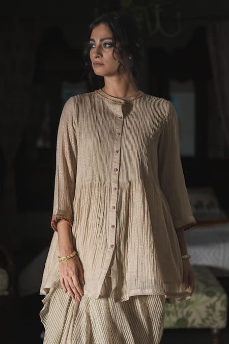 Buy Swatti Kapoor Gold Chanderi Foil Printing Mandarin Collar Gurnoor Handblock Tunic With Slip Online at Aza Fashions Buy_Swatti Kapoor_Gold Chanderi Foil Printing Mandarin Collar Gurnoor Handblock Tunic With Slip _Online_at_Aza_Fashions