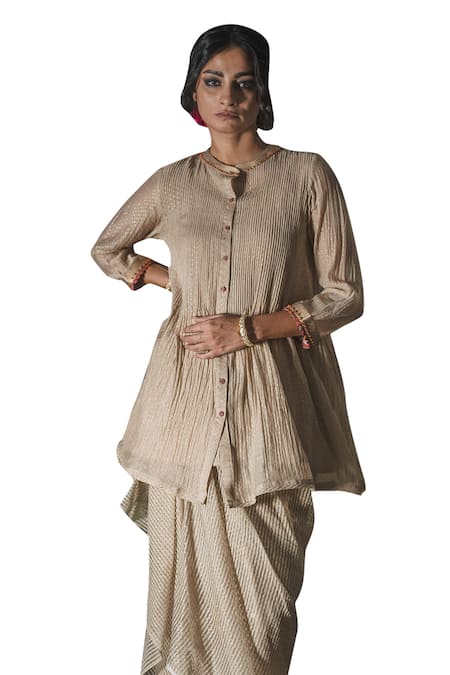 Swatti Kapoor Gold Chanderi Foil Printing Mandarin Collar Gurnoor Handblock Tunic With Slip at Aza Fashions Swatti Kapoor_Gold Chanderi Foil Printing Mandarin Collar Gurnoor Handblock Tunic With Slip _at_Aza_Fashions