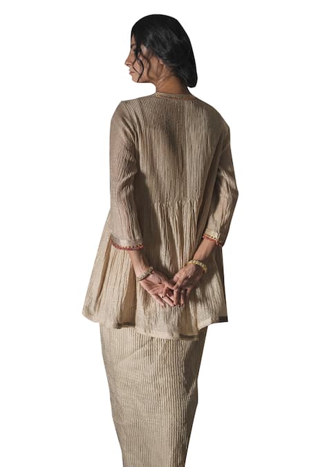 Shop Swatti Kapoor Gold Chanderi Foil Printing Mandarin Collar Gurnoor Handblock Tunic With Slip Shop_Swatti Kapoor_Gold Chanderi Foil Printing Mandarin Collar Gurnoor Handblock Tunic With Slip