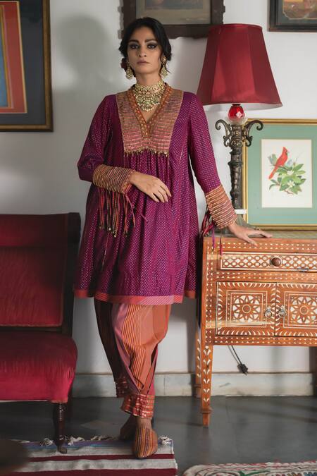 Swatti Kapoor Multi Color Handloom Cotton Beads V-neck Haab Handwoven Foil Print Tunic Online at Aza Fashions Swatti Kapoor_Multi Color Handloom Cotton Beads V-neck Haab Handwoven Foil Print Tunic _Online_at_Aza_Fashions