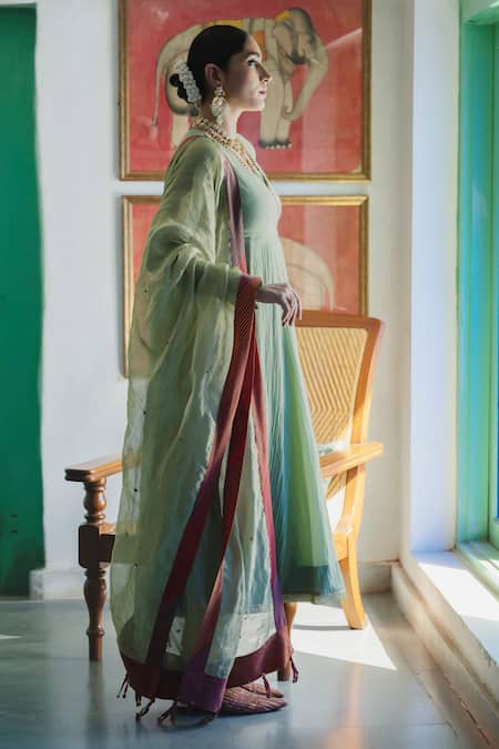 Swatti Kapoor Green Handwoven Chanderi Embroidered Bead Tassels Harleen Zari Striped Dupatta 