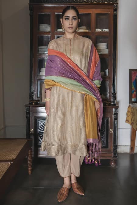Swatti Kapoor Gold Kurta Silk Organza Embroidered Gota Heer Trimmed Self Striped With Slip Online at Aza Fashions Swatti Kapoor_Gold Kurta Silk Organza Embroidered Gota Heer Trimmed Self Striped With Slip _Online_at_Aza_Fashions