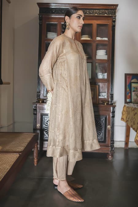 Buy Swatti Kapoor Gold Kurta Silk Organza Embroidered Gota Heer Trimmed Self Striped With Slip Online at Aza Fashions Buy_Swatti Kapoor_Gold Kurta Silk Organza Embroidered Gota Heer Trimmed Self Striped With Slip _Online_at_Aza_Fashions