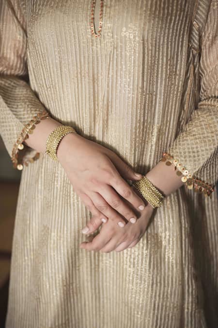 Swatti Kapoor Gold Kurta Silk Organza Embroidered Gota Heer Trimmed Self Striped With Slip at Aza Fashions Swatti Kapoor_Gold Kurta Silk Organza Embroidered Gota Heer Trimmed Self Striped With Slip _at_Aza_Fashions