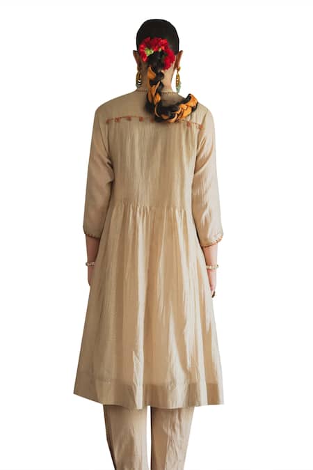 Shop Swatti Kapoor Gold Chanderi, Cotton Mandarin Collar Husnah Handwoven Kurta With Slip Online at Aza Fashions Shop_Swatti Kapoor_Gold Chanderi, Cotton Mandarin Collar Husnah Handwoven Kurta With Slip _Online_at_Aza_Fashions
