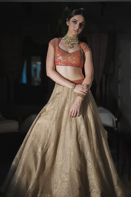 Swatti Kapoor Gold , Silk Organza, Handloom Indo Handwoven Striped Skirt Online at Aza Fashions Swatti Kapoor_Gold , Silk Organza, Handloom Indo Handwoven Striped Skirt _Online_at_Aza_Fashions