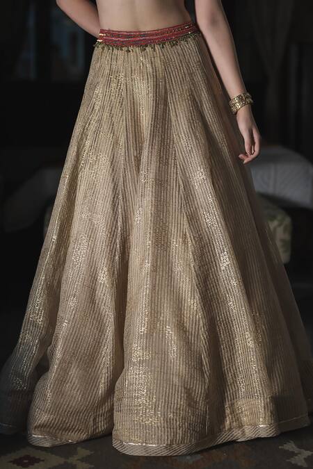 Shop Swatti Kapoor Gold , Silk Organza, Handloom Indo Handwoven Striped Skirt Online at Aza Fashions Shop_Swatti Kapoor_Gold , Silk Organza, Handloom Indo Handwoven Striped Skirt _Online_at_Aza_Fashions