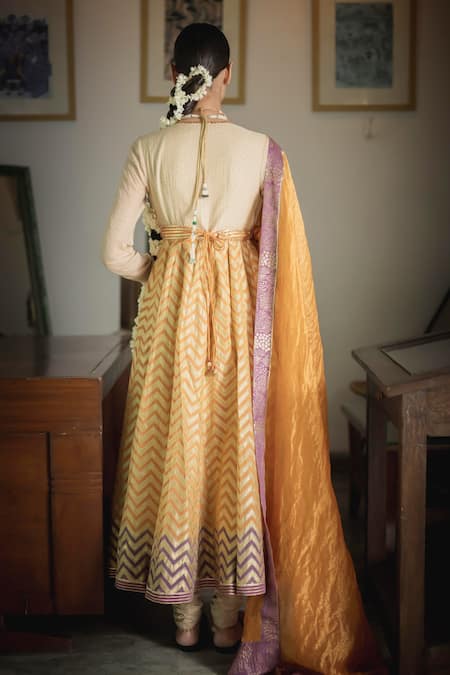 Shop Swatti Kapoor Orange Chanderi Embroidery, Gota Patti Jaafi Handwoven Printed Anarkali Set at Aza Fashions Shop_Swatti Kapoor_Orange Chanderi Embroidery, Gota Patti Jaafi Handwoven Printed Anarkali Set _at_Aza_Fashions