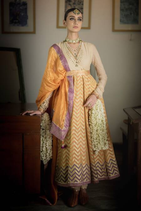 Buy Swatti Kapoor Orange Chanderi Embroidery, Gota Patti Jaafi Handwoven Printed Anarkali Set Online at Aza Fashions Buy_Swatti Kapoor_Orange Chanderi Embroidery, Gota Patti Jaafi Handwoven Printed Anarkali Set _Online_at_Aza_Fashions